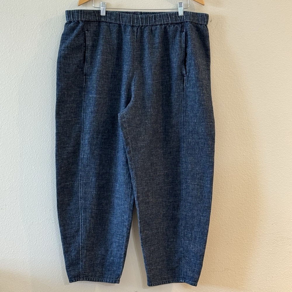 Eileen Fisher 1X Blue Textured Tapered Ankle Pants Pull On Organic Cotton